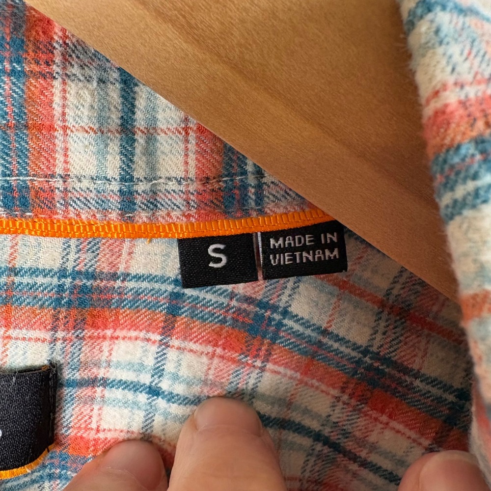 Orvis Active Fit Flannel Shirt Men's S Orange Teal Plaid Utility Gorpcore Rugged - Picture 3 of 9